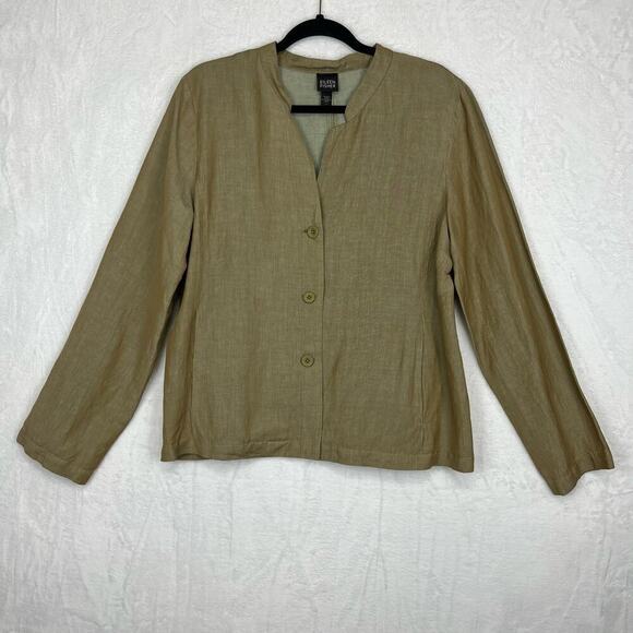 Eileen Fisher Crinkle Round Neck Jacket Lightweight Button Up Linen Blend‎ L NWT - Picture 1 of 16